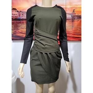 Zara Women's Sz M Long Slv. Faux Wrap Tulip Hem Green Black Colorblock Dress #C